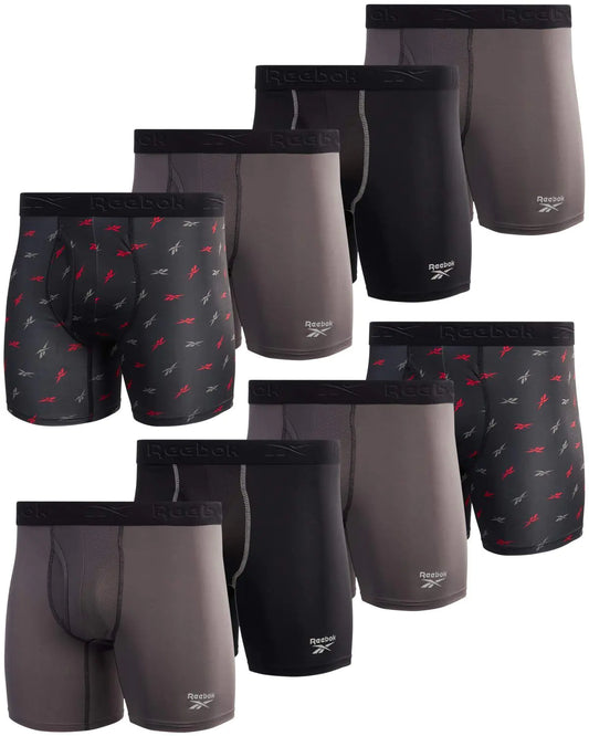 Reebok Mens Boxer Briefs - 8 Pack Performance Mens Underwear Boxer Briefs with Fly Pouch - Underwear for Men Pack (S-XL) Size Small Grey/Black/Print